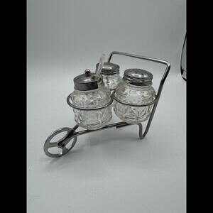 Vintage 1950s M331 Glass Salt, Pepper & Sugar/Jam Set w/ Metal Wheelbarrow Caddy